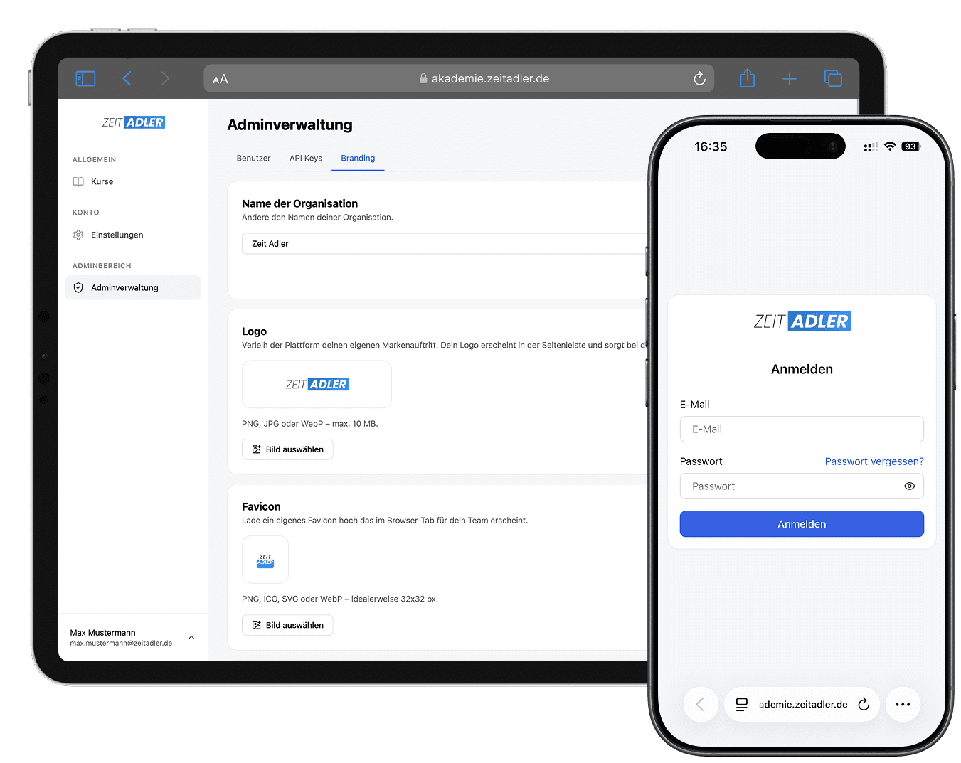 Branding Einstellungen der Plattform auf Tablet und Smartphone