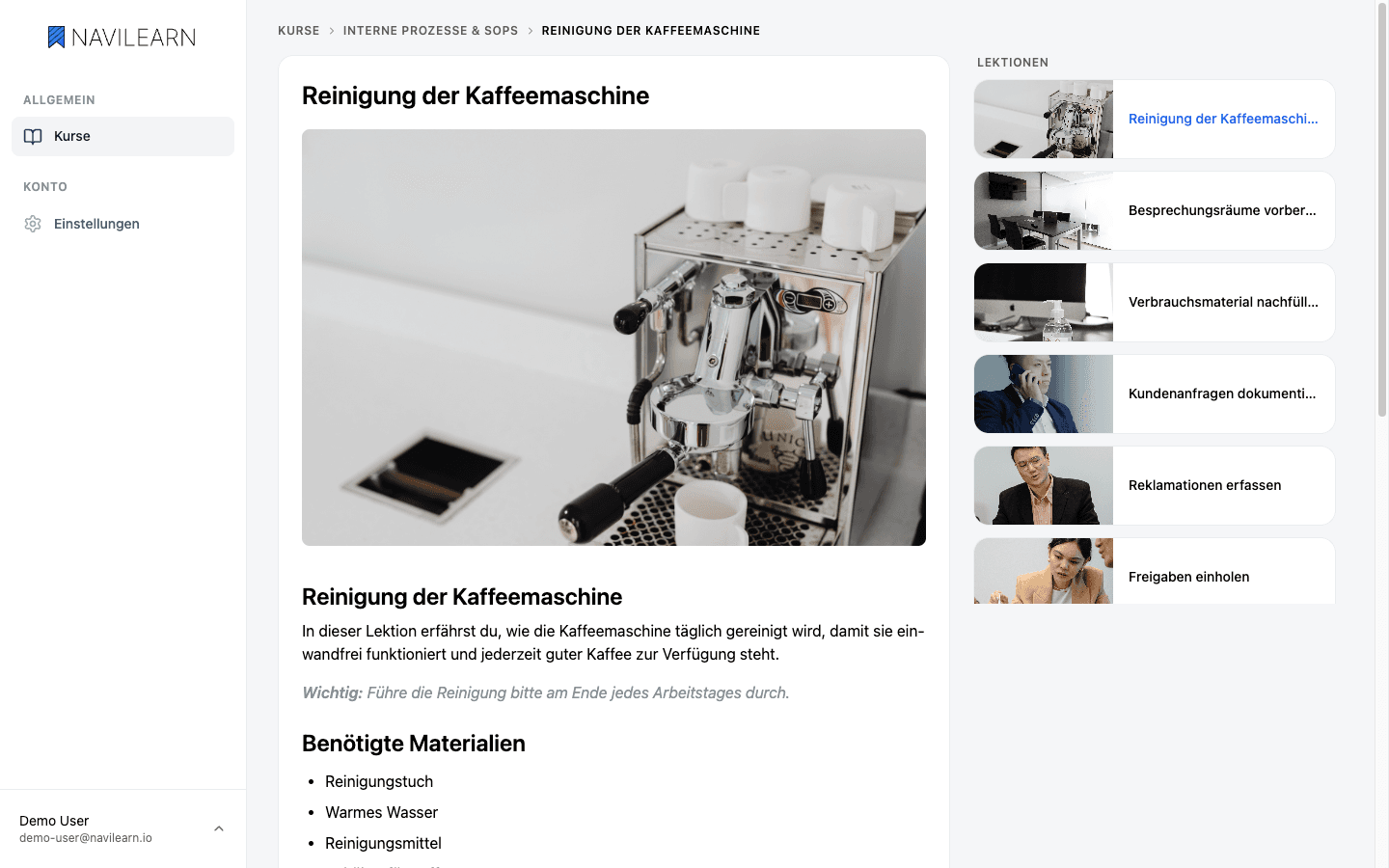 Lektion zur Reinigung der Kaffeemaschine in NaviLearn