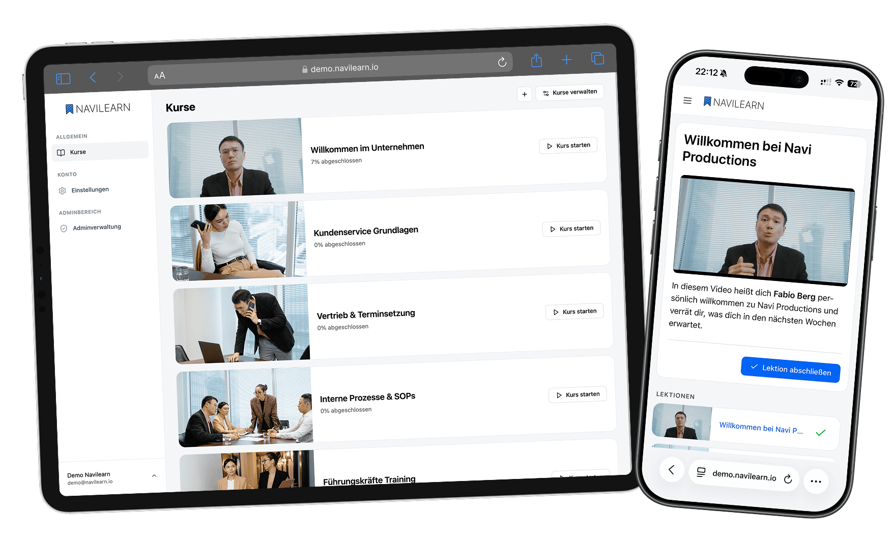NaviLearn auf Tablet und Smartphone mit Kursübersicht und einer Lektion