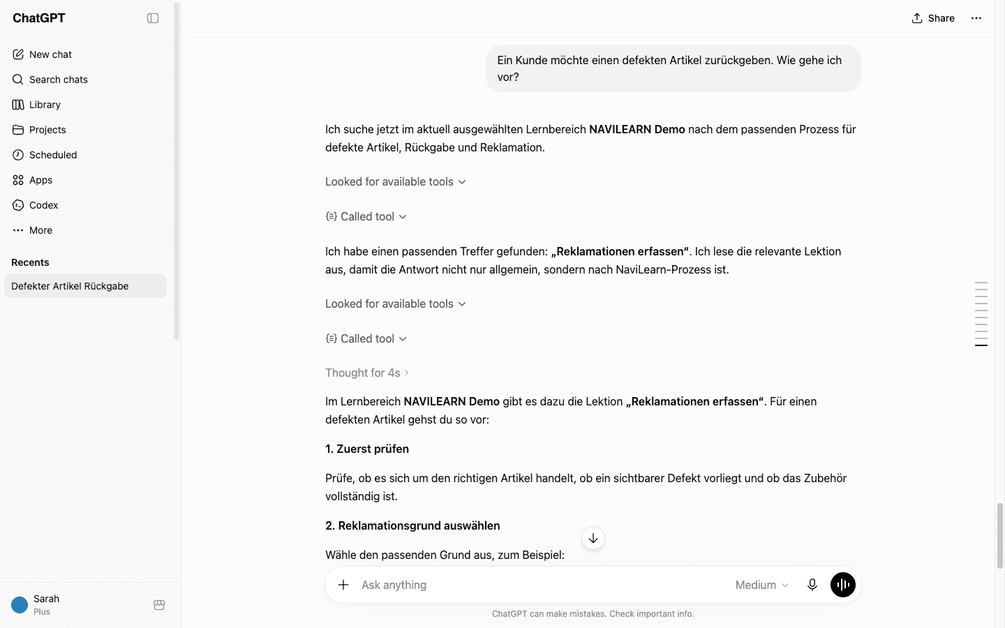 ChatGPT beantwortet eine Mitarbeiterfrage mit Wissen aus NaviLearn